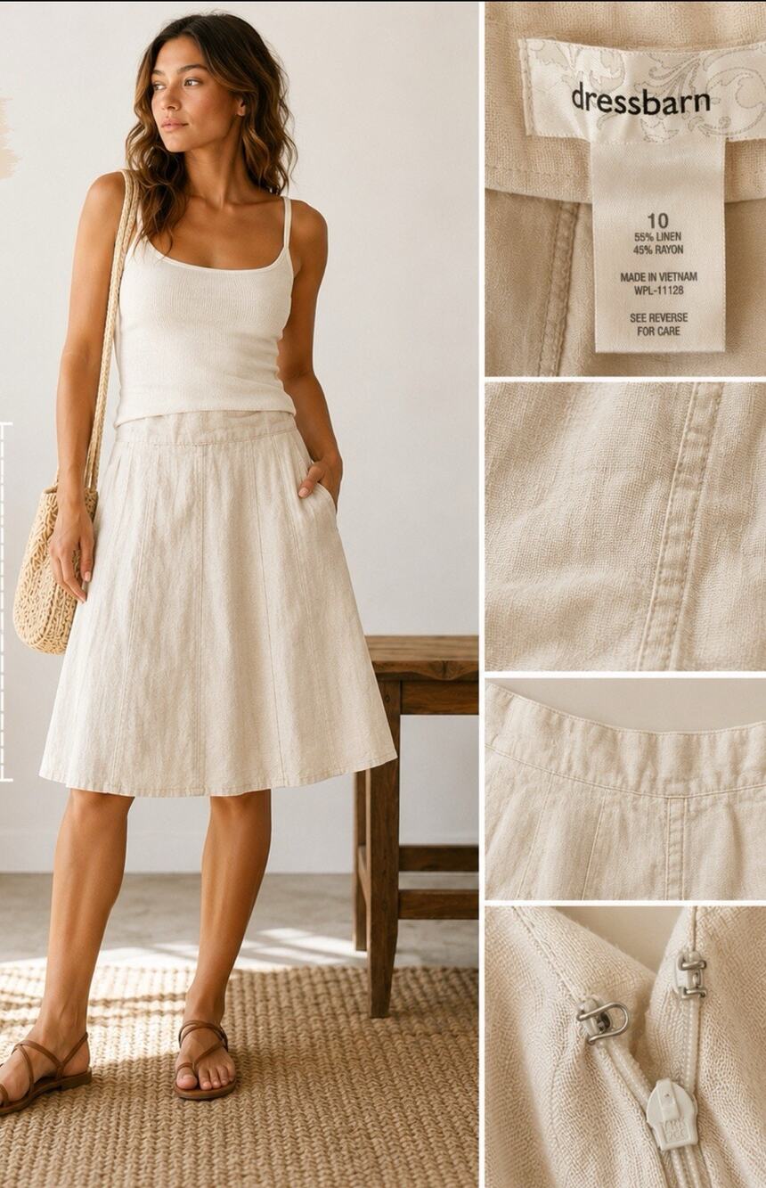 Coastal Summer Relax Dressbarn A-Line Flared Skirt Sz 10 Beige Linen Y2K 2000s